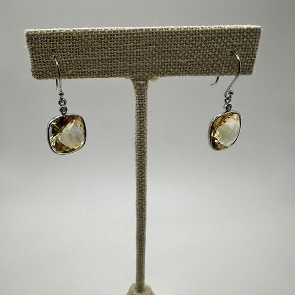 7.11cts faceted checkerboard cushion cut citrine on 925 dangle earrings! - Picture 8 of 14